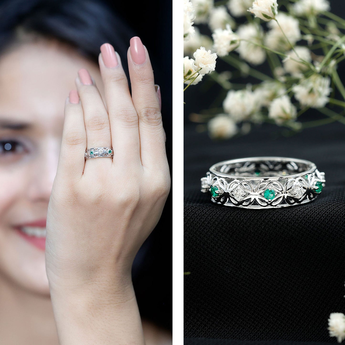 Lab Emerald and Diamond Vintage Wedding Band Ring