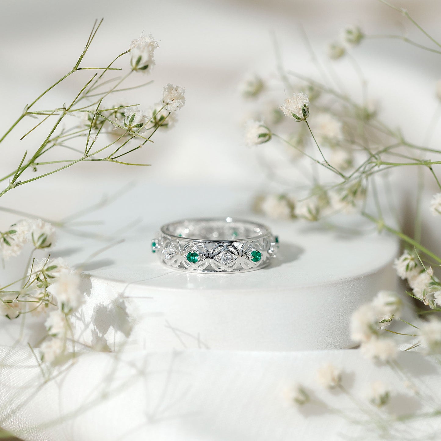 Lab Emerald and Diamond Vintage Wedding Band Ring