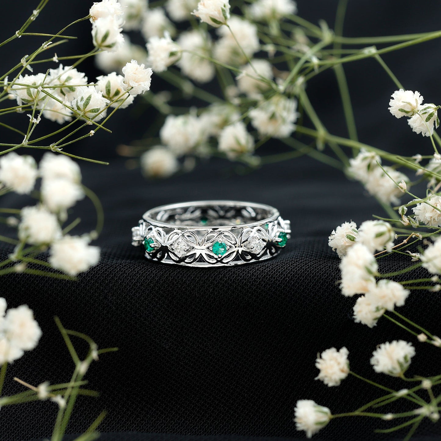 Lab Emerald and Diamond Vintage Wedding Band Ring