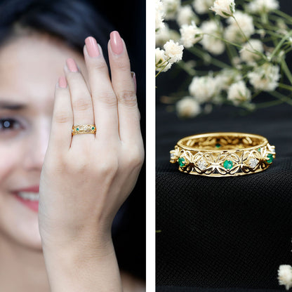 Lab Emerald and Diamond Vintage Wedding Band Ring