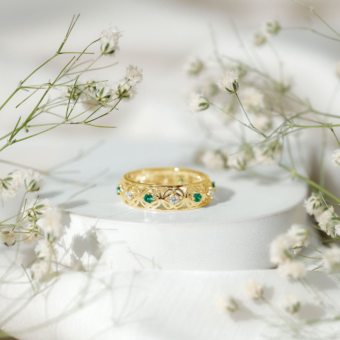 Lab Emerald and Diamond Vintage Wedding Band Ring