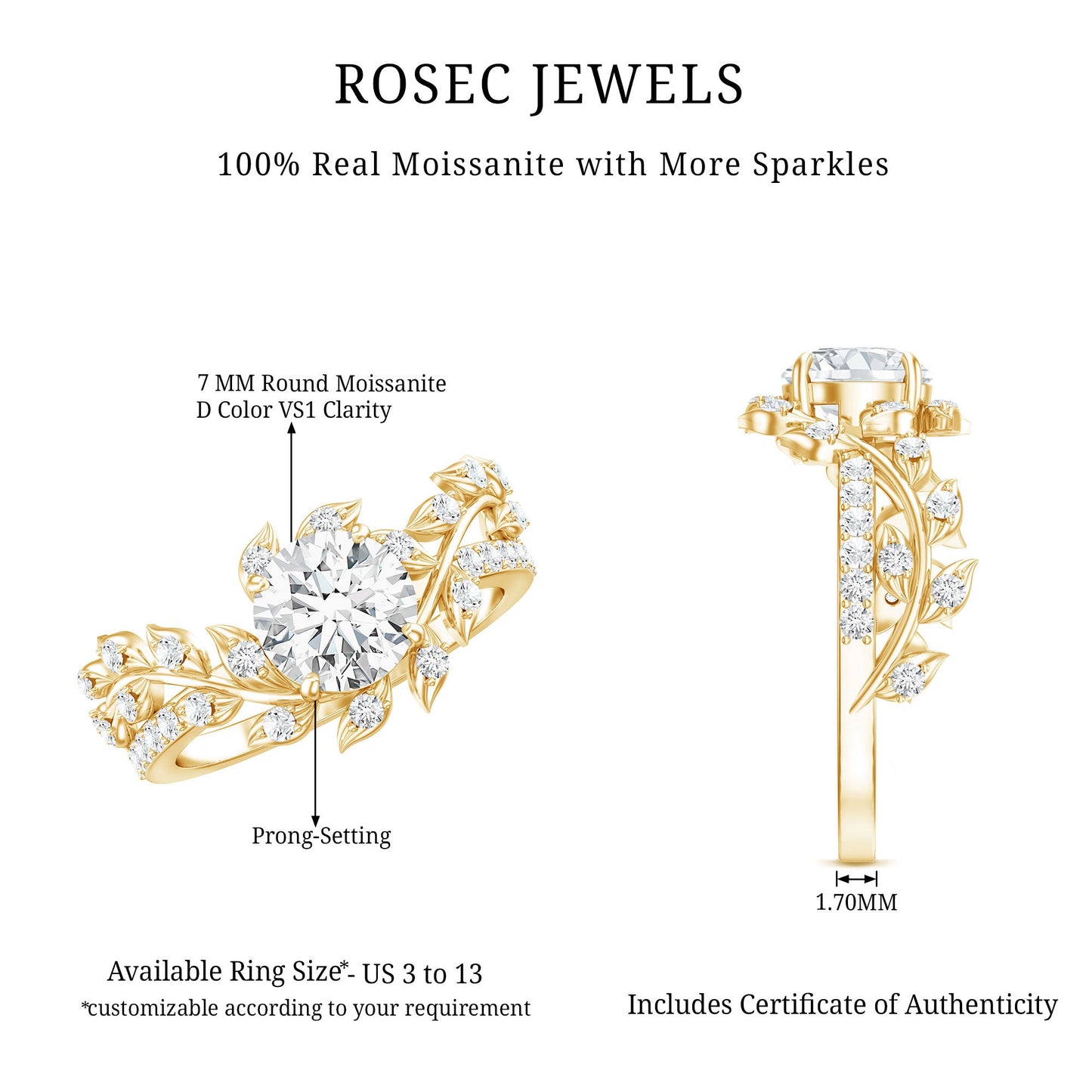 1.3 Carat Round Cut Moissanite Vine Engagement Ring for Women