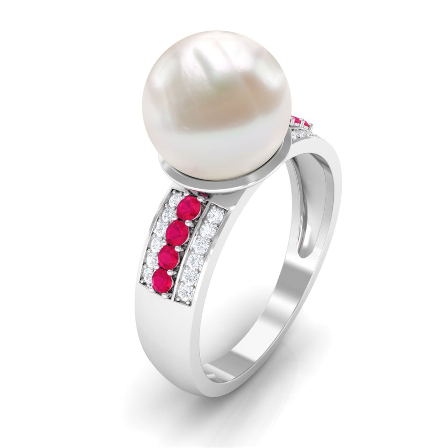 8 Carat Freshwater Pearl Solitaire Engagement Ring with Ruby and Diamond