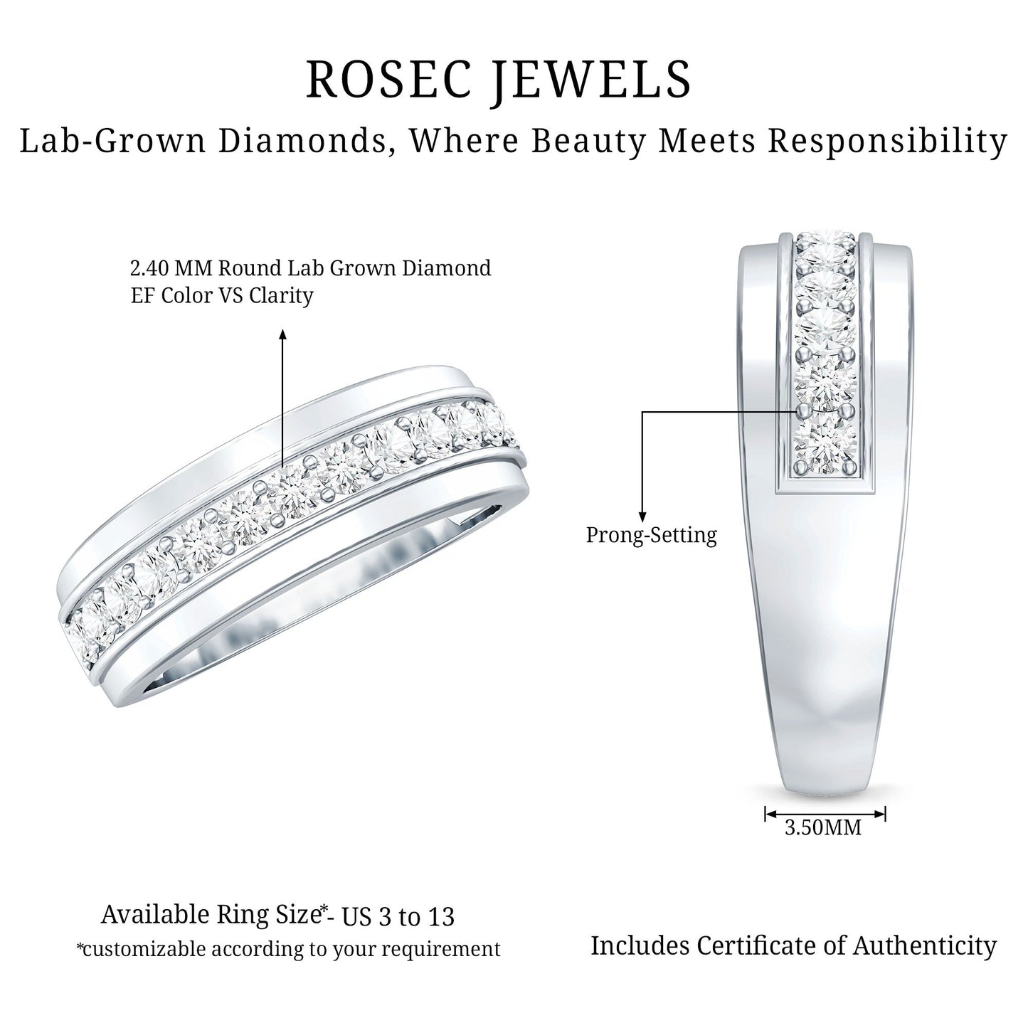 Lab Grown Diamond Half Eternity Mens Wedding Band