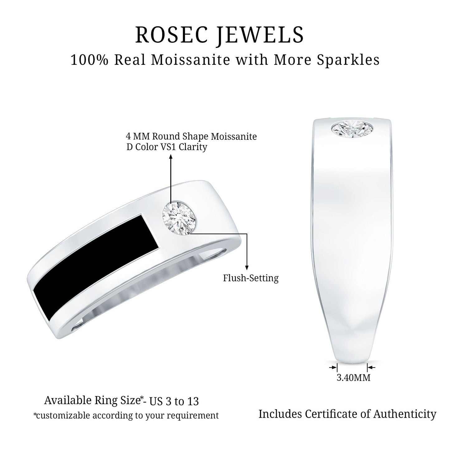 Classic Moissanite Mens Wedding Band with Black Enamel
