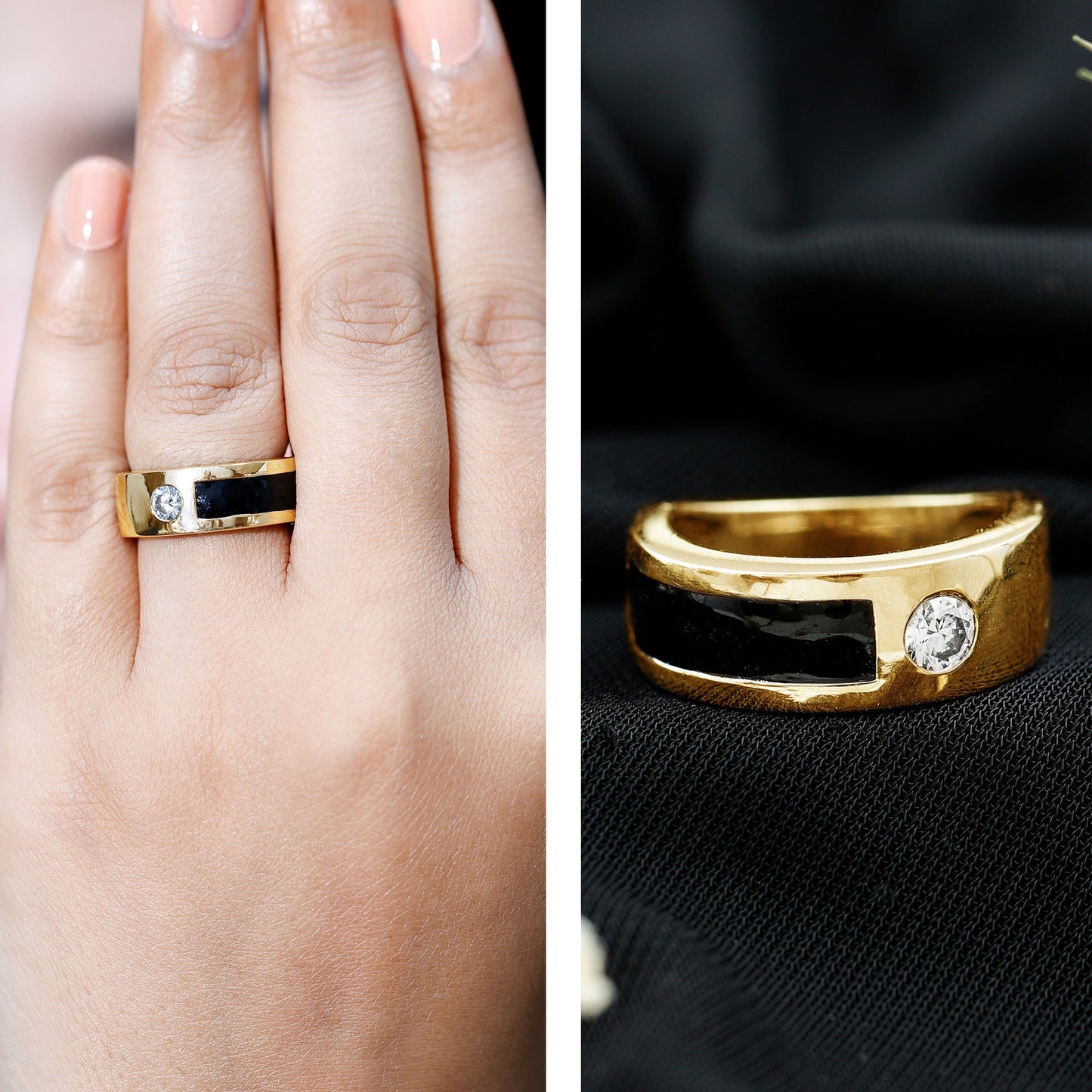 Classic Moissanite Mens Wedding Band with Black Enamel