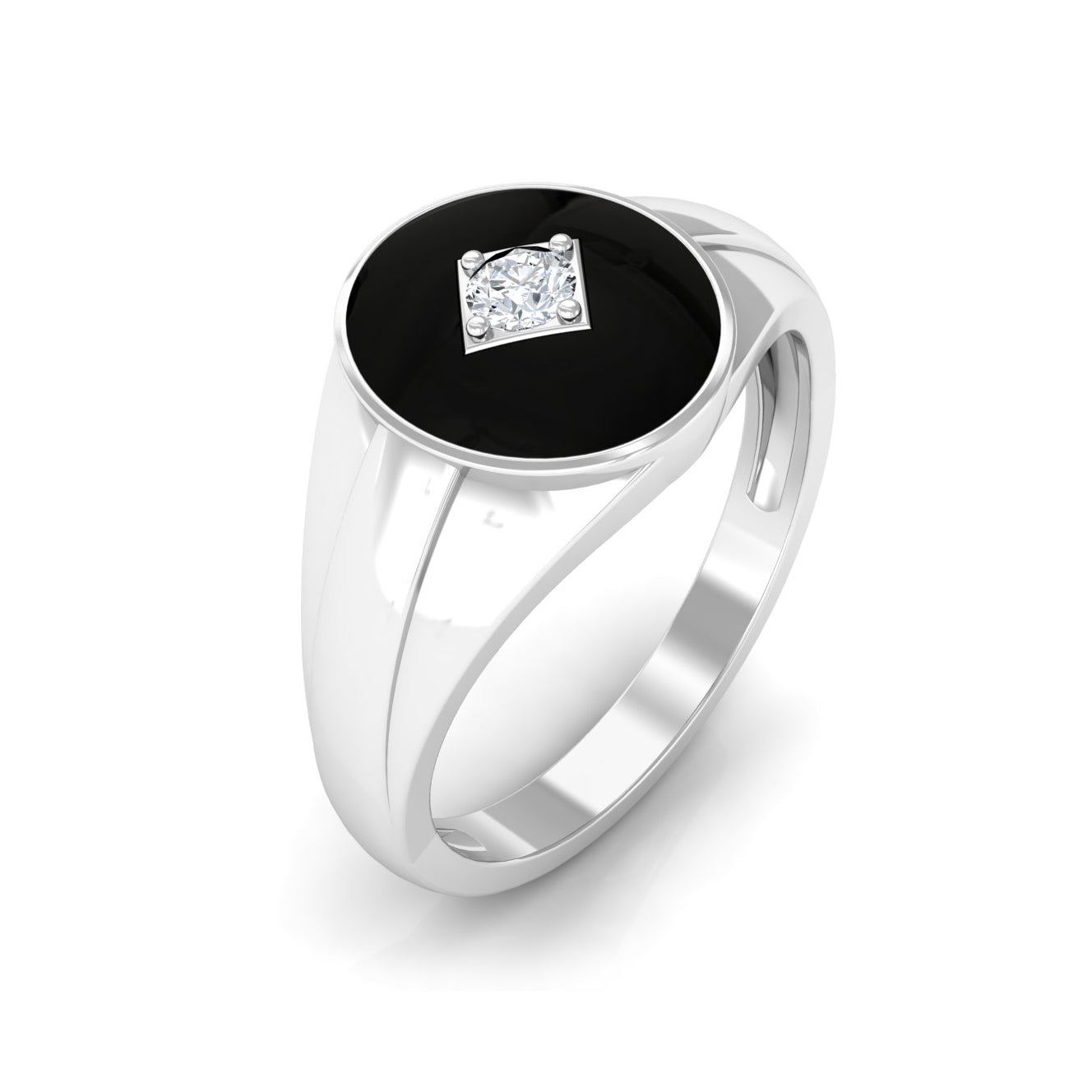 Natural Diamond Mens Signet Engagement Ring with Black Enamel