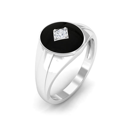 Natural Diamond Mens Signet Engagement Ring with Black Enamel