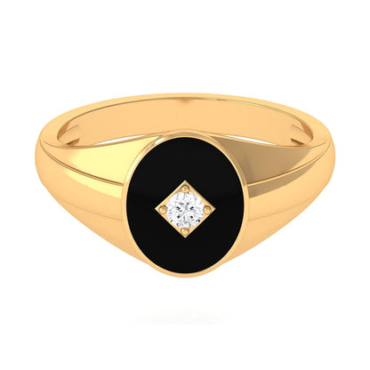 Natural Diamond Mens Signet Engagement Ring with Black Enamel