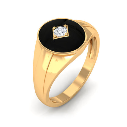 Natural Diamond Mens Signet Engagement Ring with Black Enamel