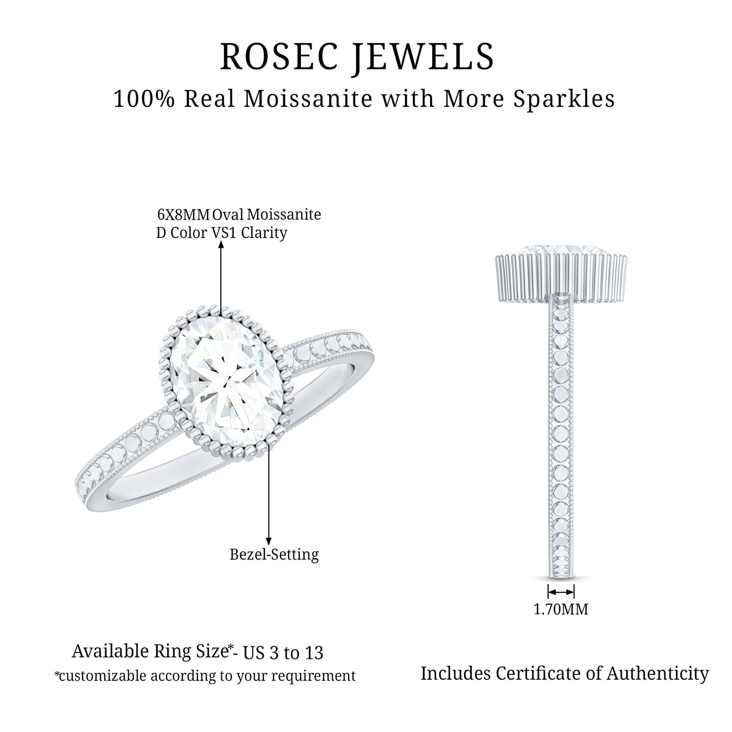 Solitaire Moissanite Oval Engagement Ring with Beaded Detailing