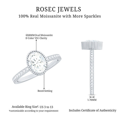 Solitaire Moissanite Oval Engagement Ring with Beaded Detailing