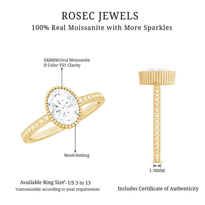 Solitaire Moissanite Oval Engagement Ring with Beaded Detailing