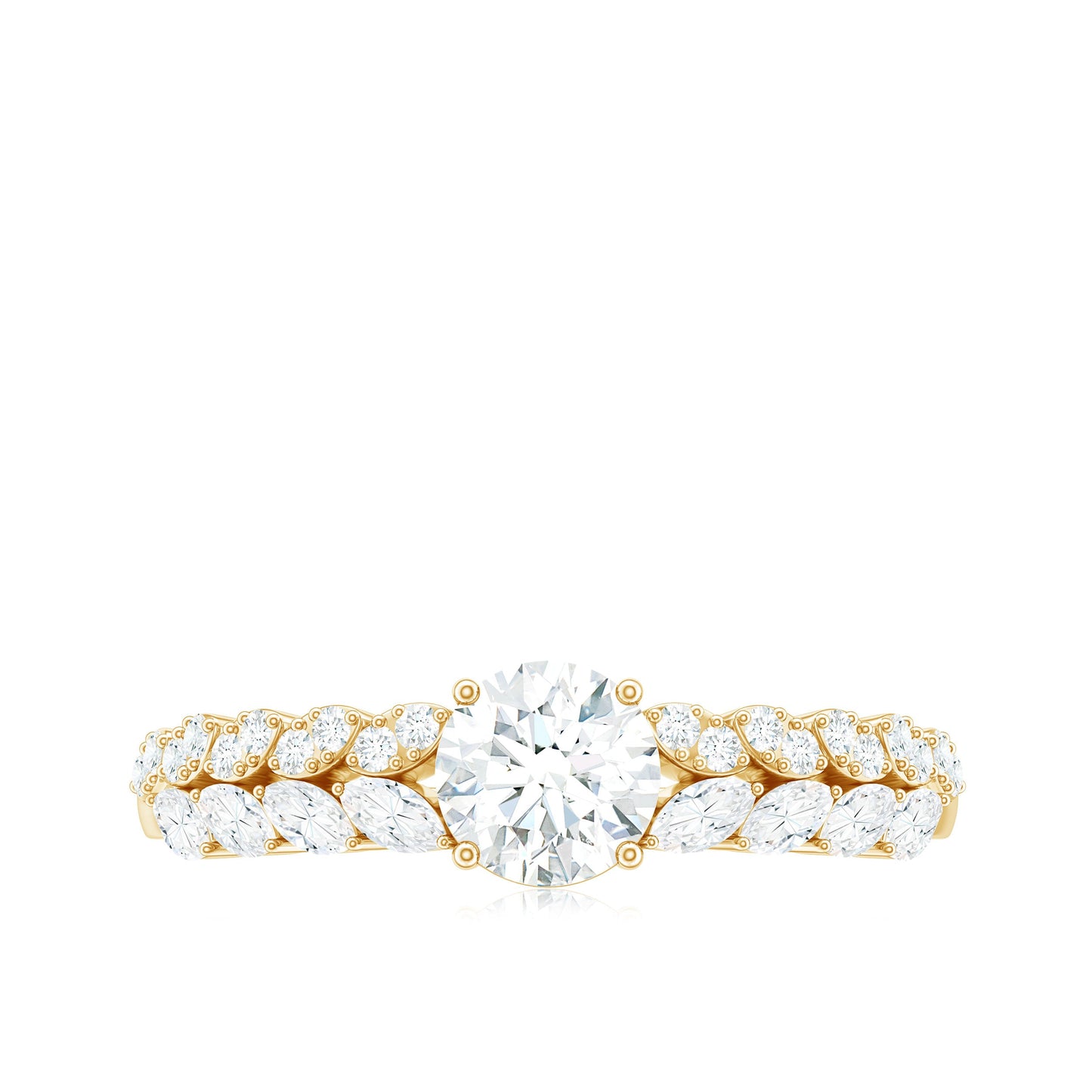 Round Shape Moissanite Engagement Ring with Marquise Side Stones