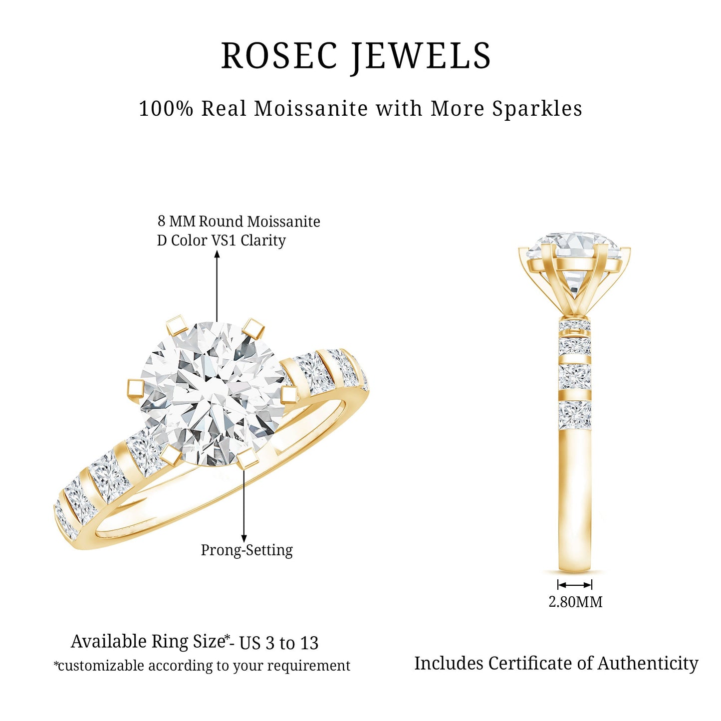 Round Cut 2 CT Moissanite Solitaire Engagement Ring with Side Stones