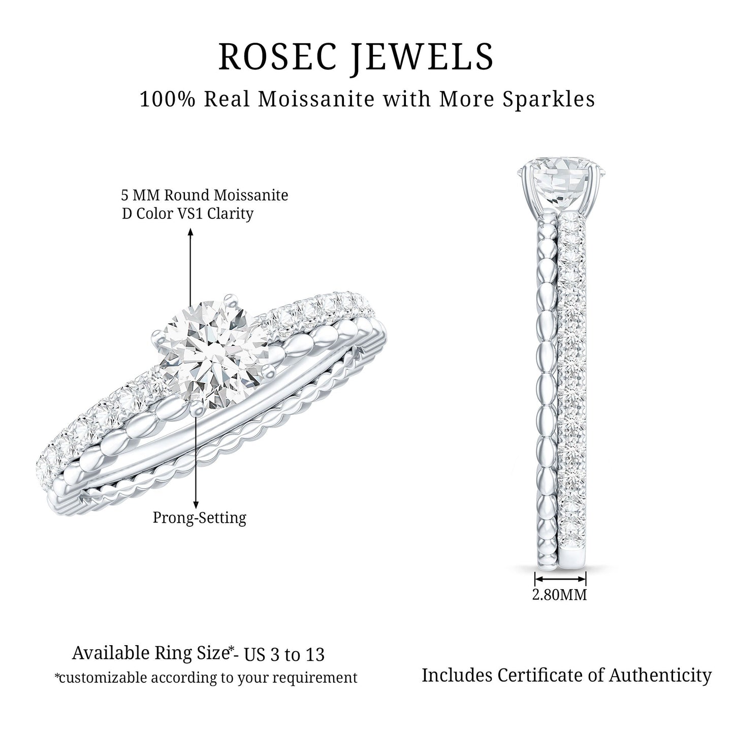 Round Cut Moissanite Designer Engagement Ring With Certificate