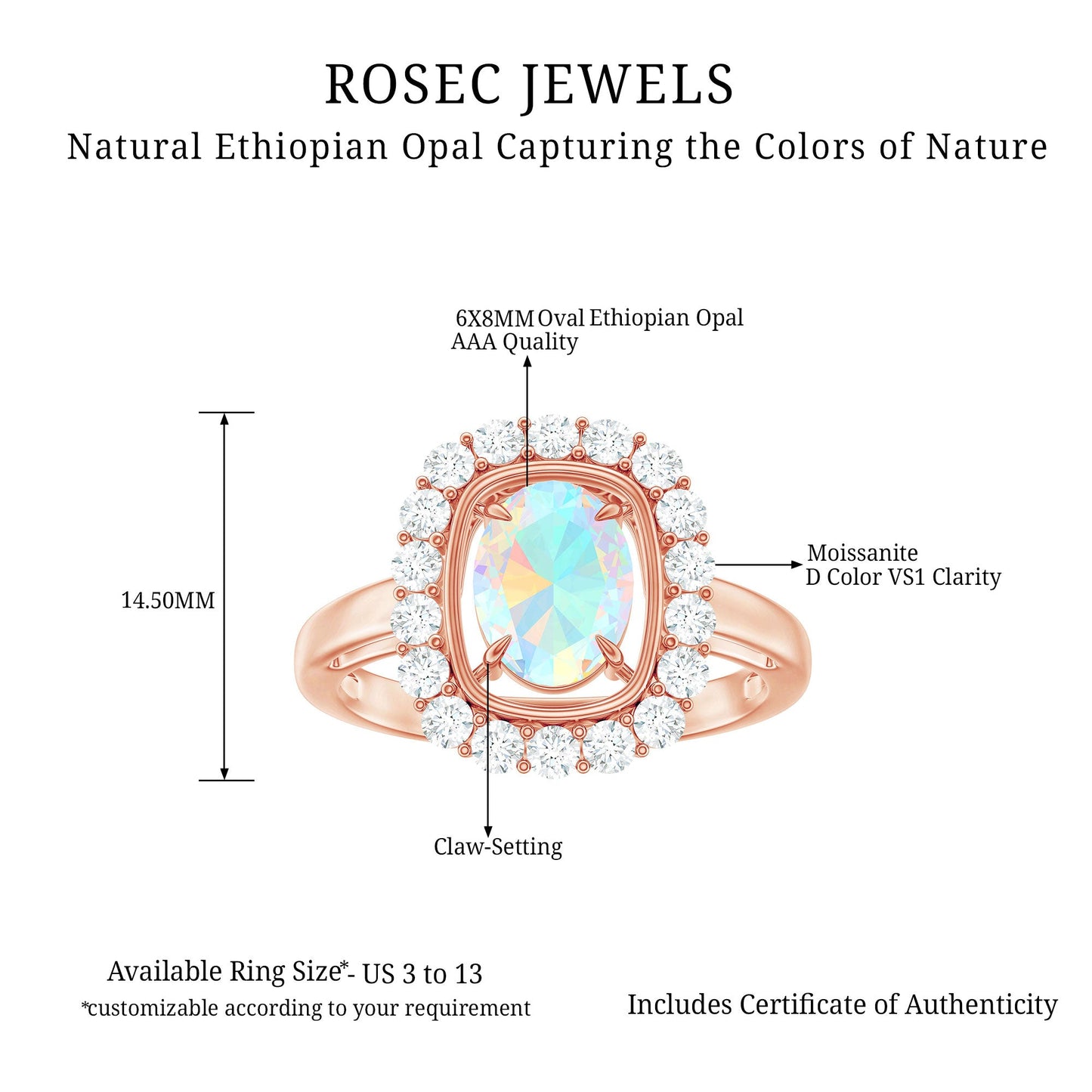 1.2 Carat Oval Cut Ethiopian Opal Halo Engagement Ring with Moissanite