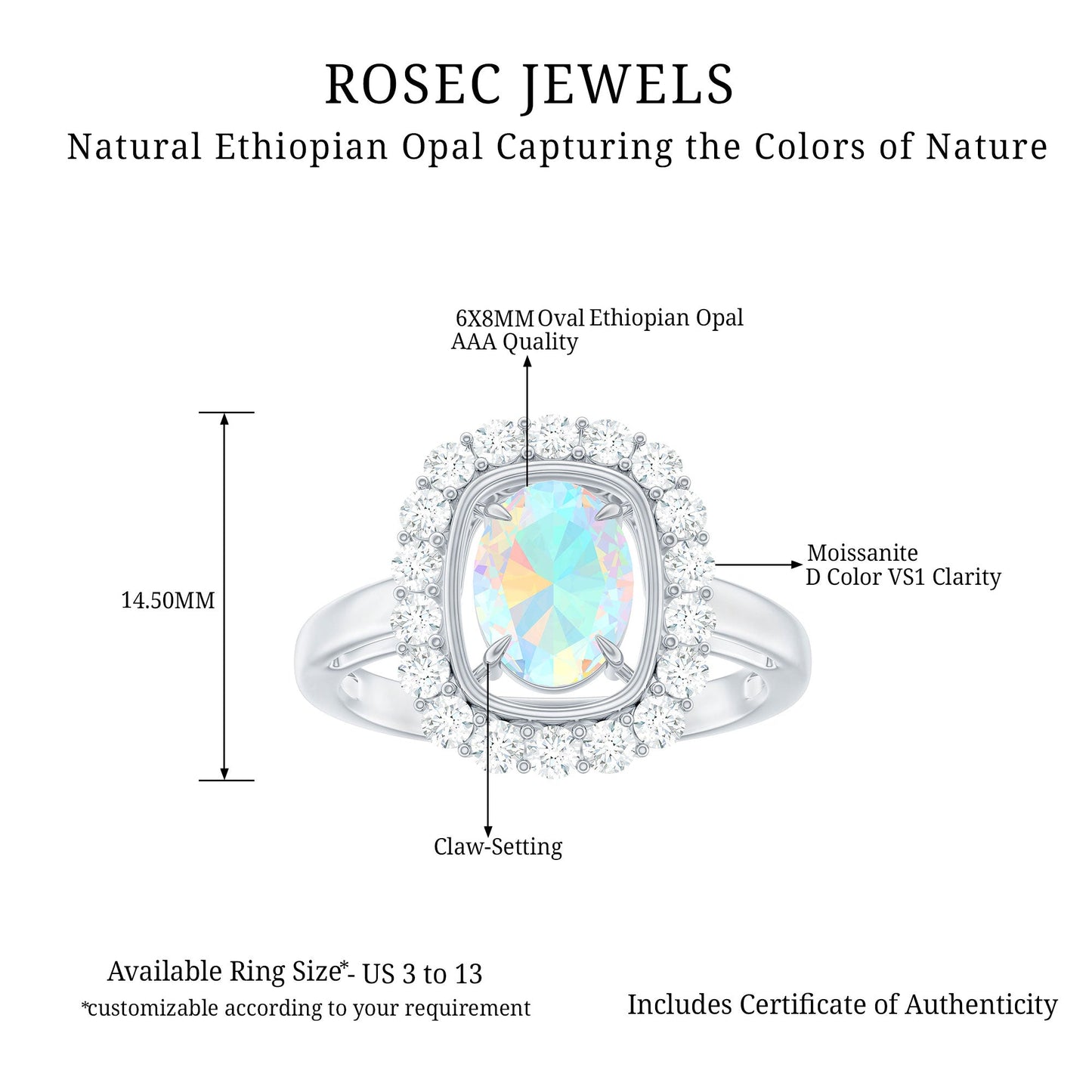 1.2 Carat Oval Cut Ethiopian Opal Halo Engagement Ring with Moissanite