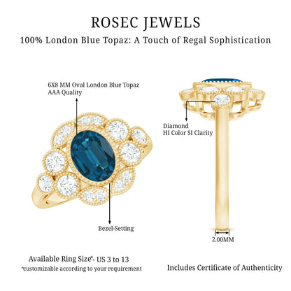 Real Oval London Blue Topaz Vintage Engagement Ring with Diamond