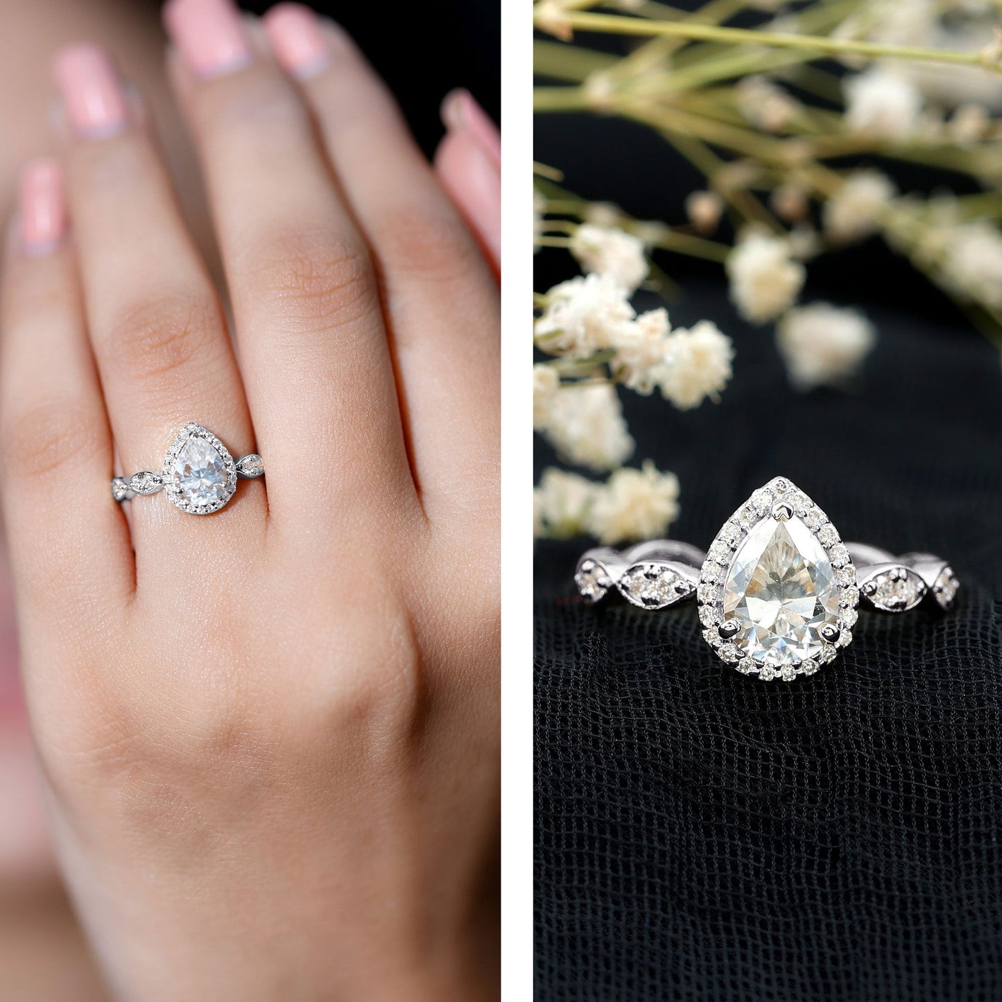 Moissanite Teardrop Engagement Ring with Scalloped Shank