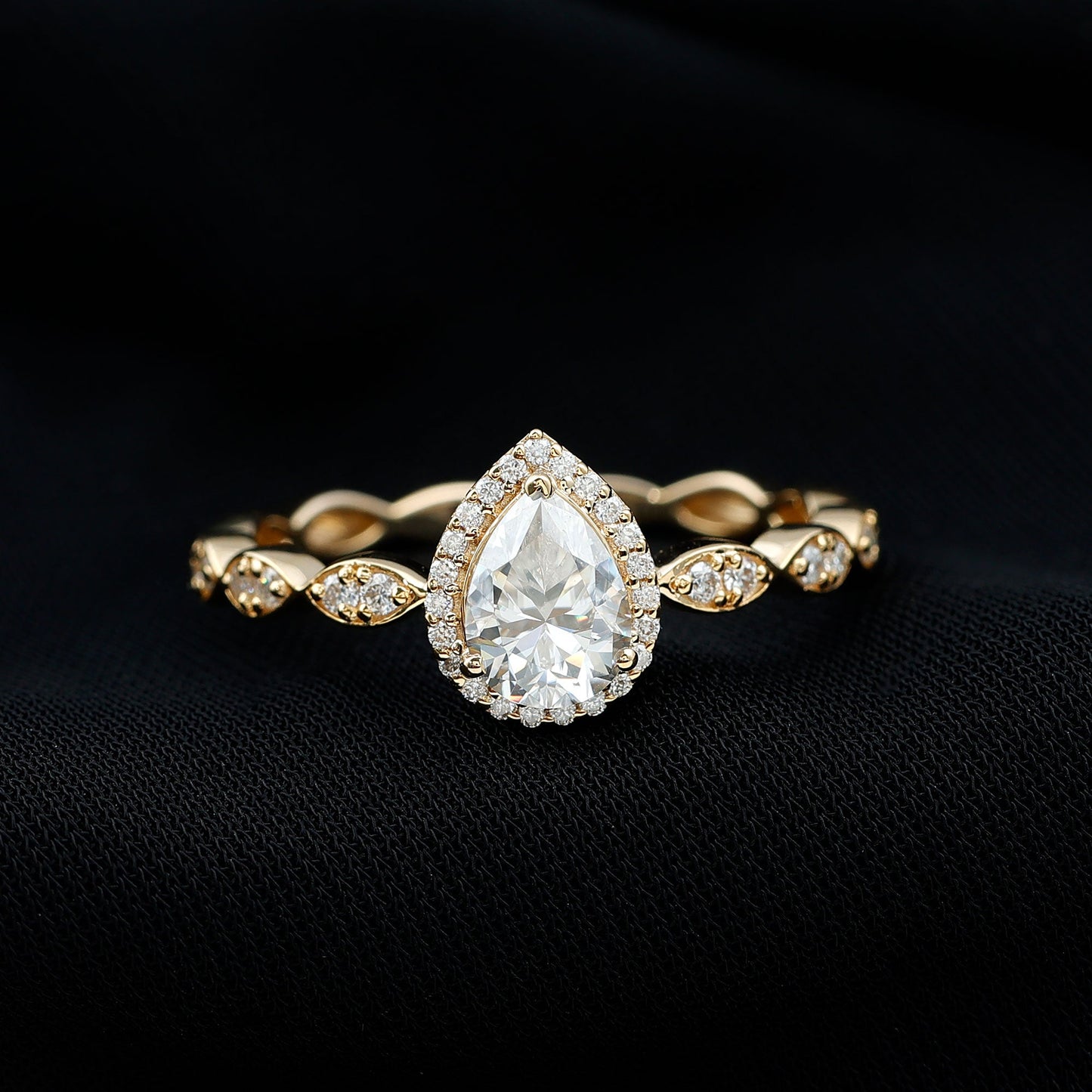 Moissanite Teardrop Engagement Ring with Scalloped Shank