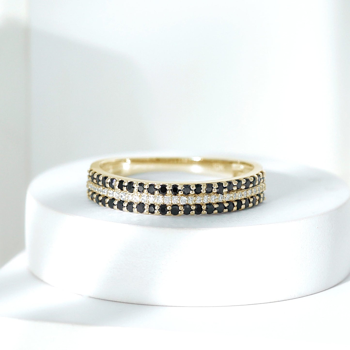 Certified Lab Grown Black and White Diamond Three Row Wedding Band