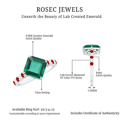 6 Carat Lab Created Emerald Engagement Ring with Lab Ruby and Diamond