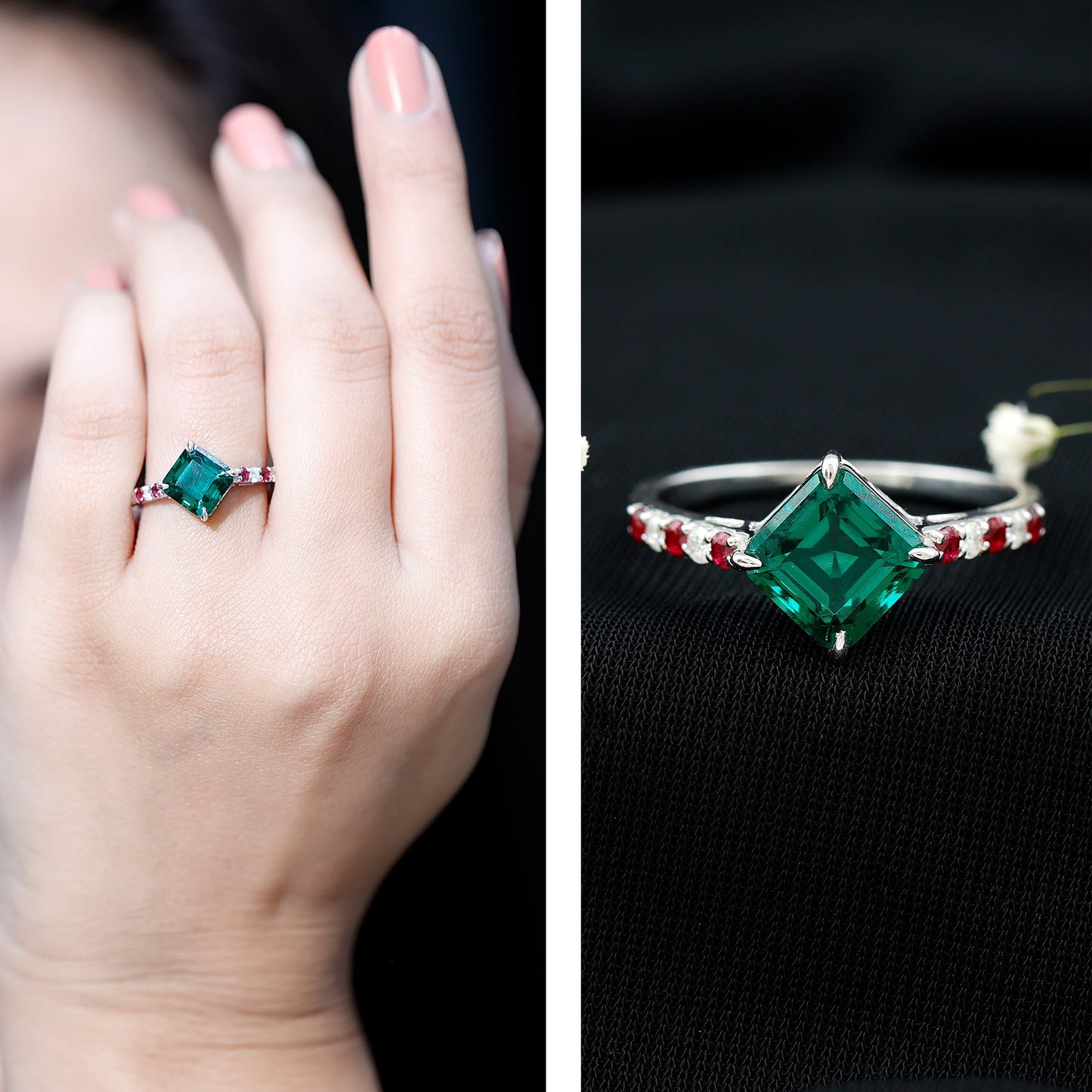 6 Carat Lab Created Emerald Engagement Ring with Lab Ruby and Diamond