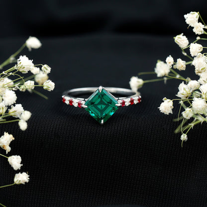 6 Carat Lab Created Emerald Engagement Ring with Lab Ruby and Diamond