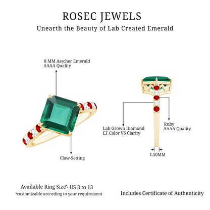 6 Carat Lab Created Emerald Engagement Ring with Lab Ruby and Diamond