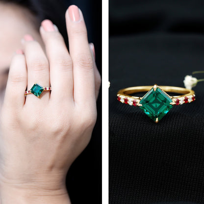 6 Carat Lab Created Emerald Engagement Ring with Lab Ruby and Diamond