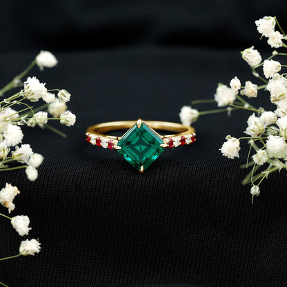 6 Carat Lab Created Emerald Engagement Ring with Lab Ruby and Diamond