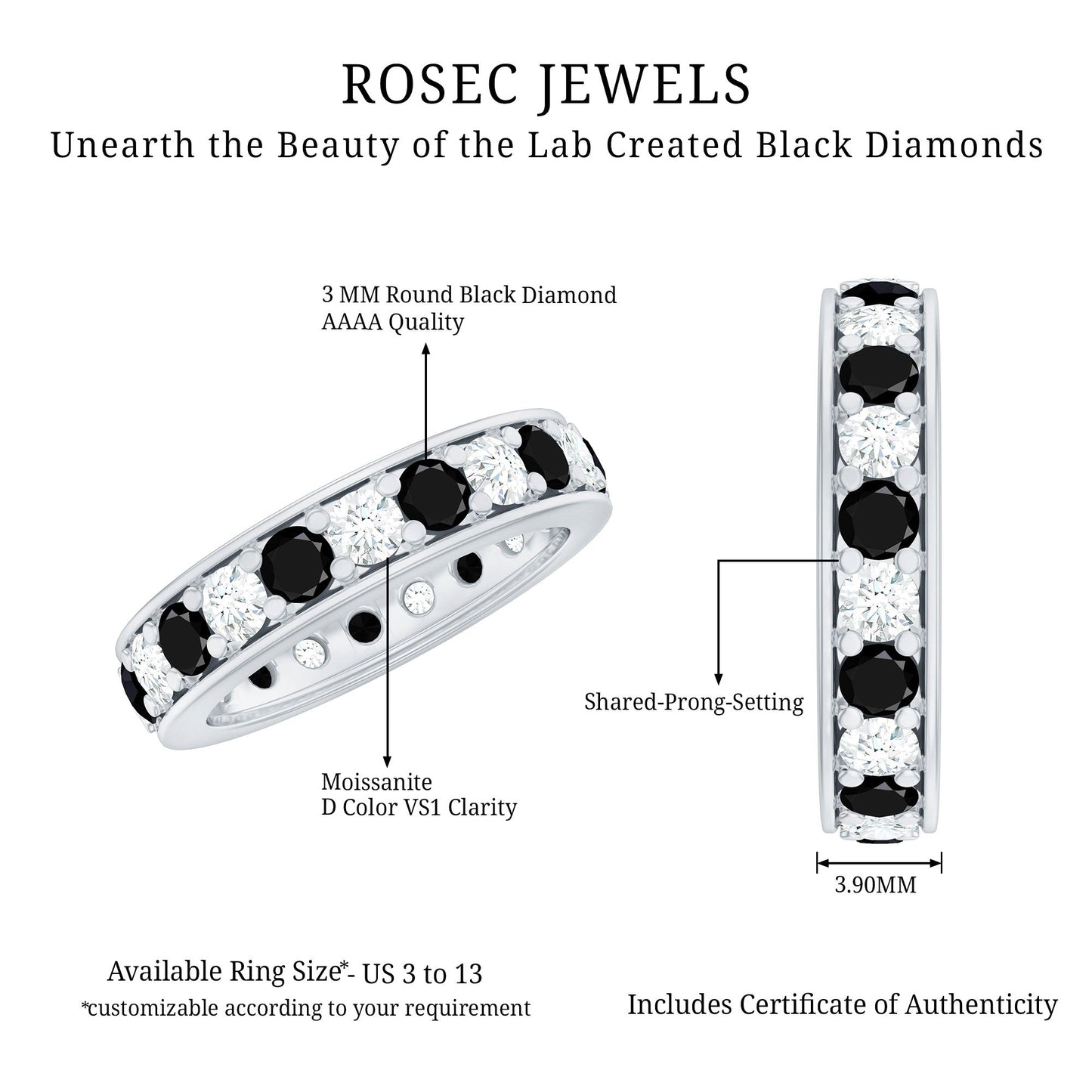 Certified Lab Grown Black Diamond Eternity Ring with Moissanite