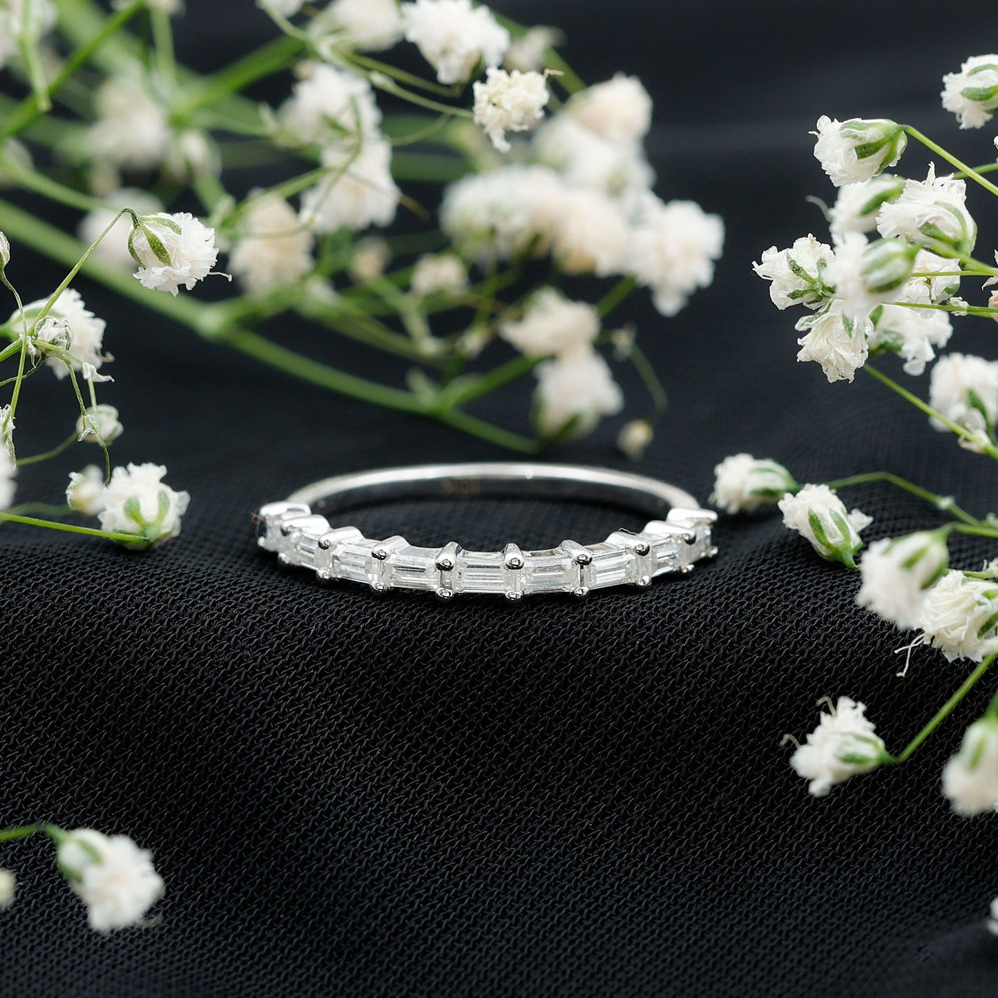 Baguette Shape Moissanite Half Eternity Stackable Ring