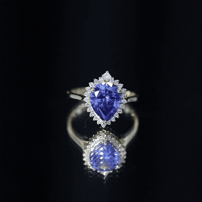 Certified 3 Carat Lab Grown Blue Sapphire Pear Shaped Engagement Ring with Diamond Halo