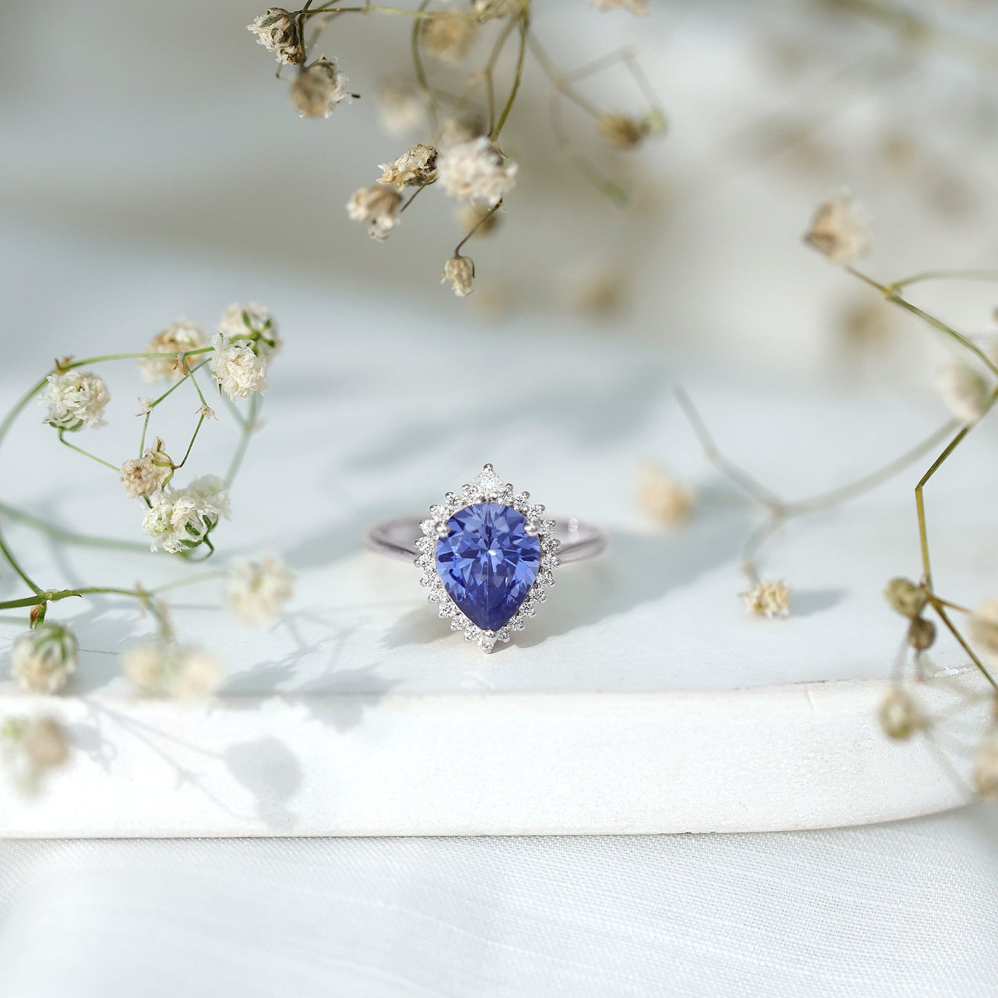 Certified 3 Carat Lab Grown Blue Sapphire Pear Shaped Engagement Ring with Diamond Halo
