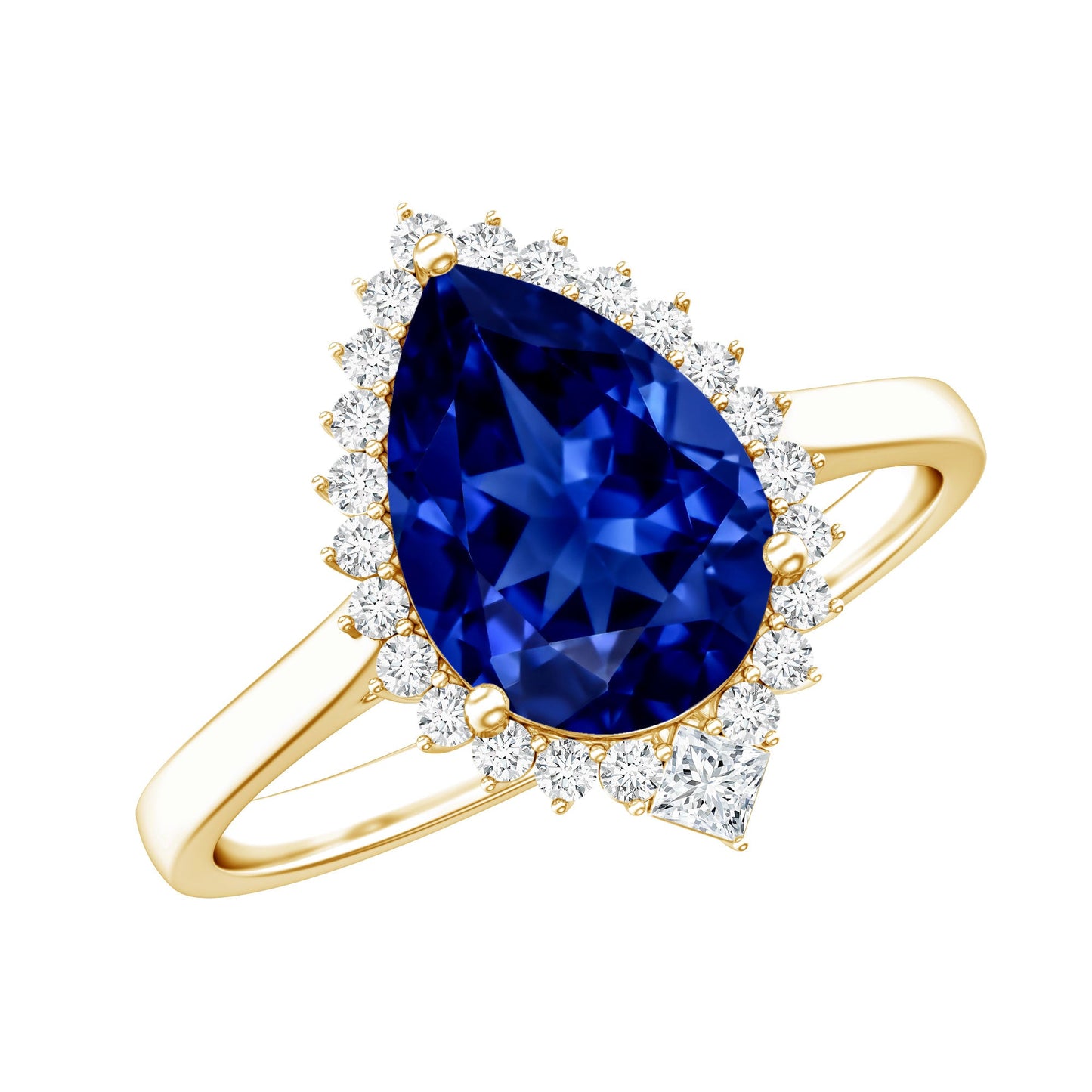 Certified 3 Carat Lab Grown Blue Sapphire Pear Shaped Engagement Ring with Diamond Halo