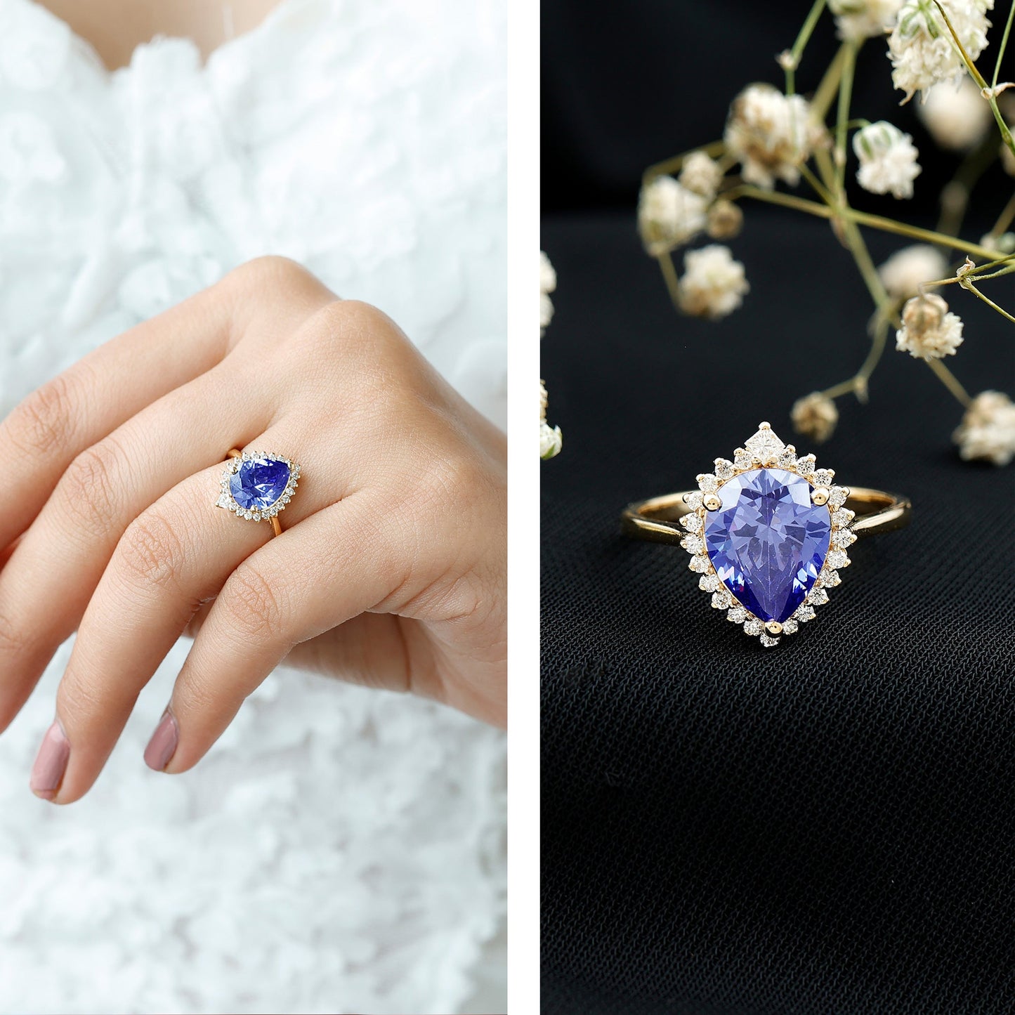 Certified 3 Carat Lab Grown Blue Sapphire Pear Shaped Engagement Ring with Diamond Halo