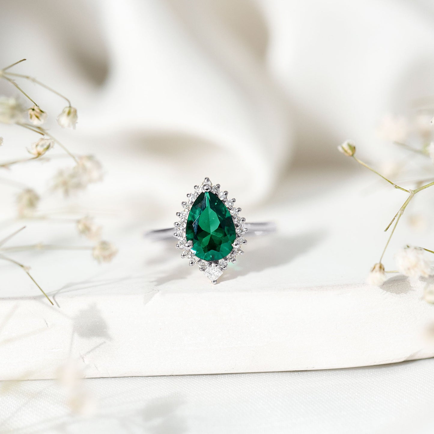 Certified 2 Carat Lab Grown Emerald Teardrop Engagement Ring with Diamond Halo
