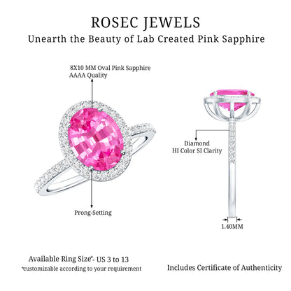 Oval Cut Created Pink Sapphire and Diamond Halo Ring