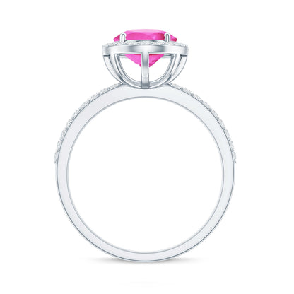 Oval Cut Created Pink Sapphire and Diamond Halo Ring