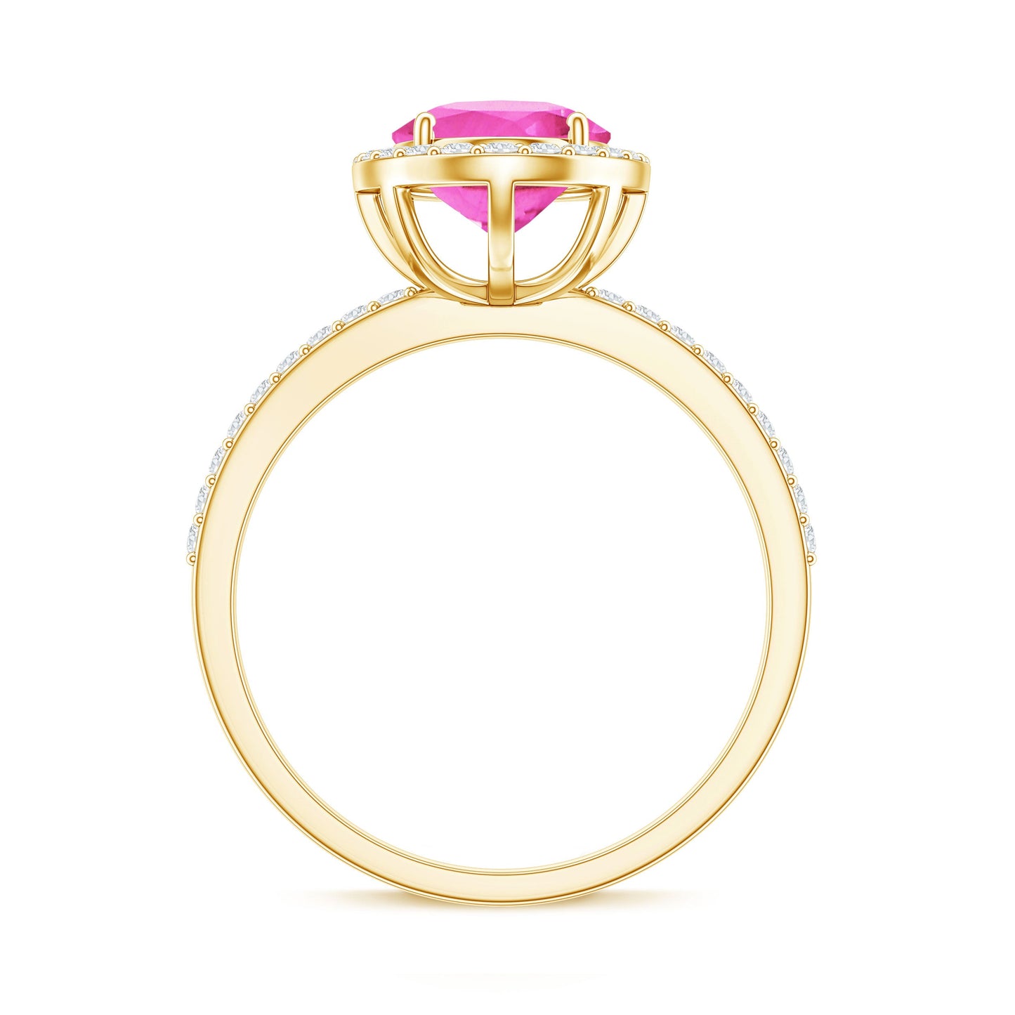 Oval Cut Created Pink Sapphire and Diamond Halo Ring