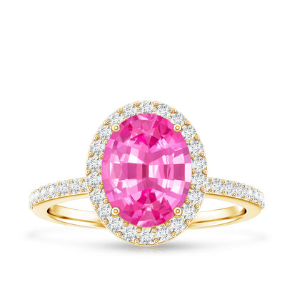 Oval Cut Created Pink Sapphire and Diamond Halo Ring