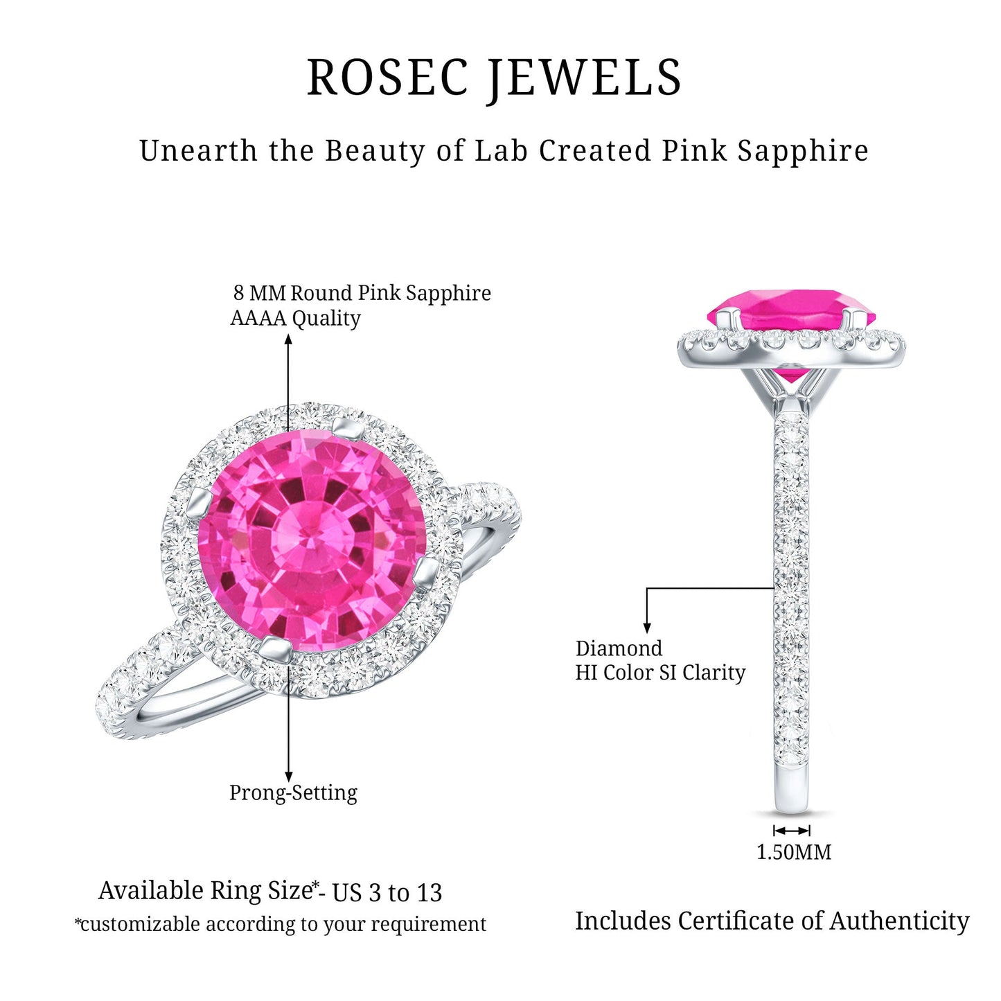 2.25 Carat Round Lab Grown Pink Sapphire and Diamond Engagement Ring