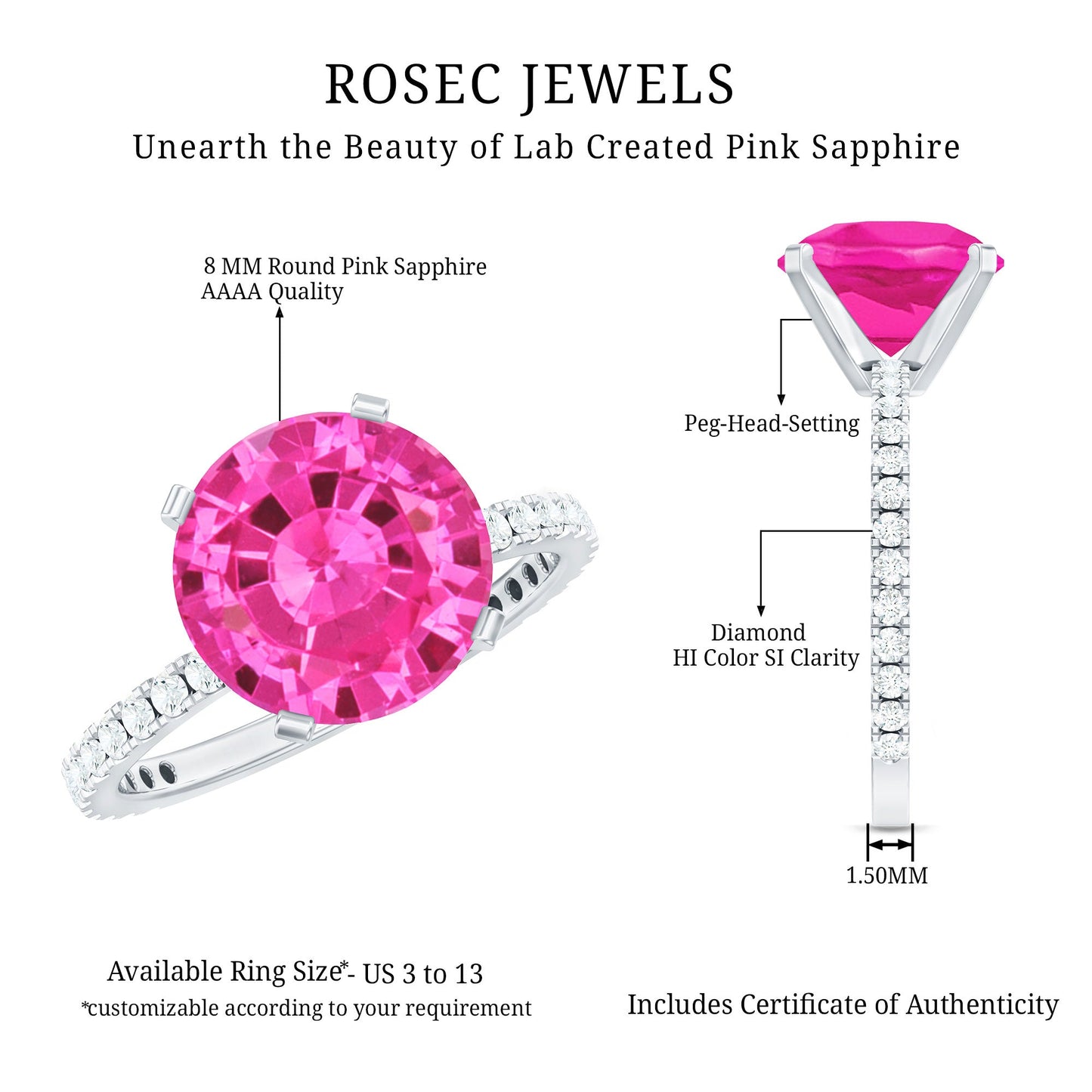 Round Created Pink Sapphire Solitaire Engagement Ring with Diamond