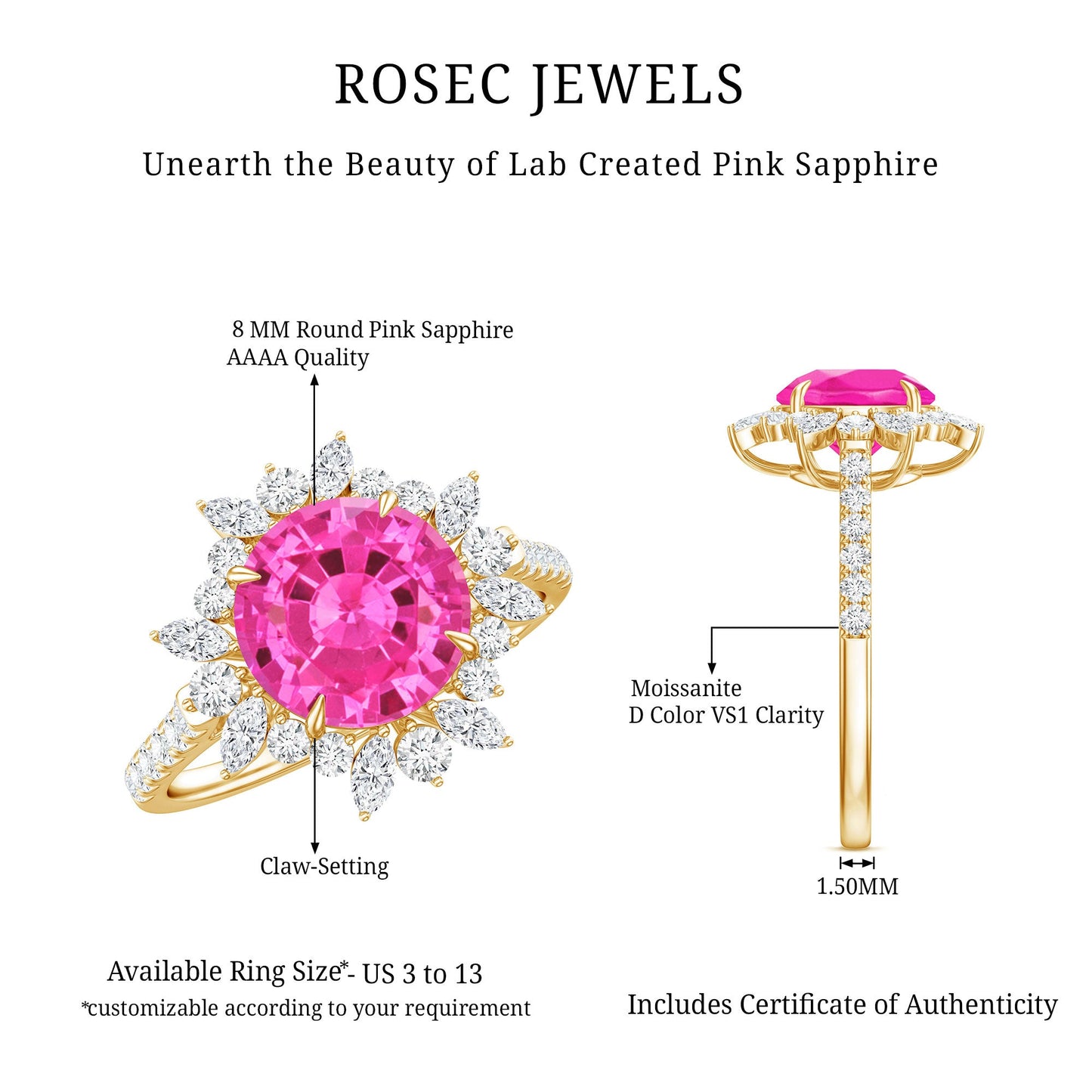 Created Pink Sapphire Cocktail Ring with Moissanite Floral Halo