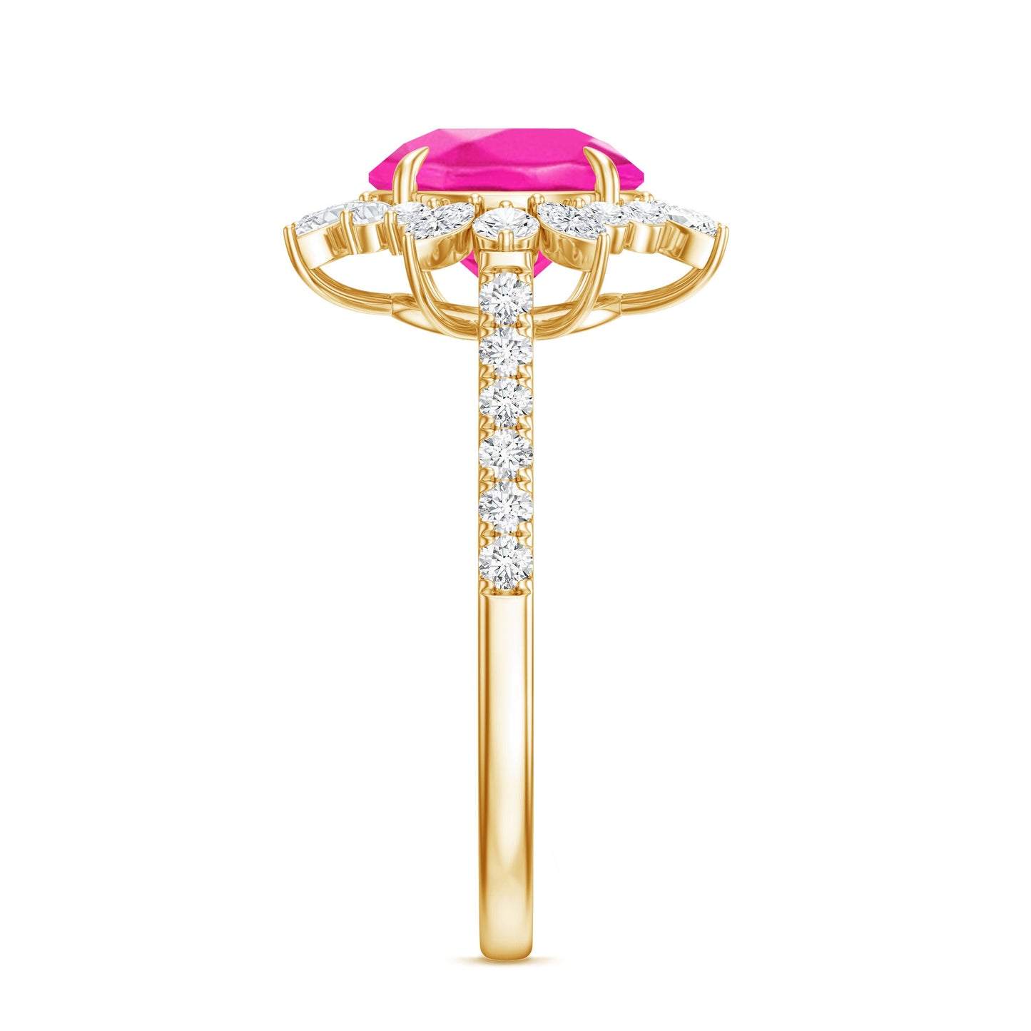 Created Pink Sapphire Cocktail Ring with Moissanite Floral Halo