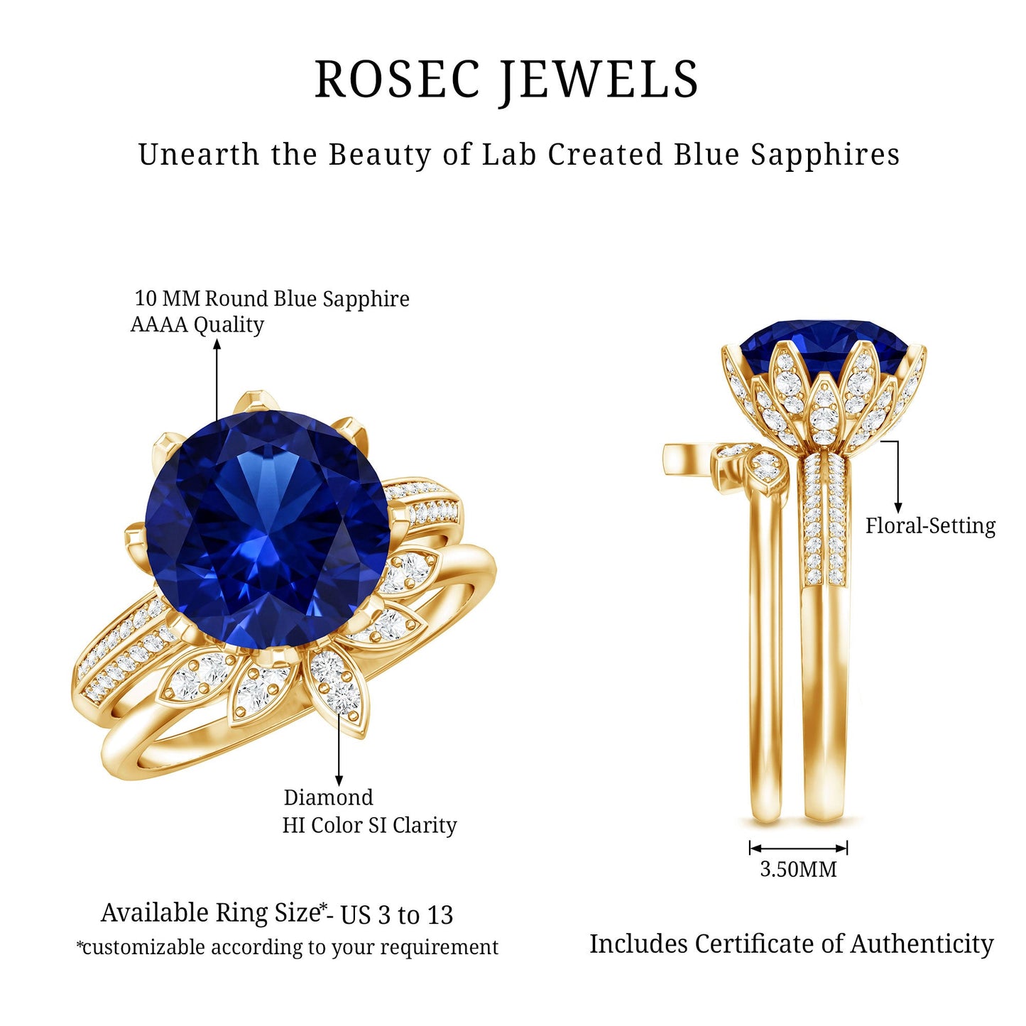 Nature Inspired 4.5 Carat Lab Grown Blue Sapphire Diamond Engagement Ring with Enhancer