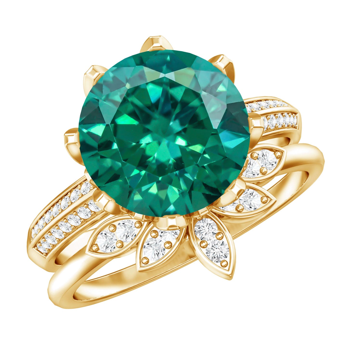 Floral Inspired Lab Grown Emerald Bridal Engagement Ring With Moissanite Enhancer