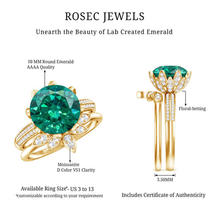 Floral Inspired Lab Grown Emerald Bridal Engagement Ring With Moissanite Enhancer